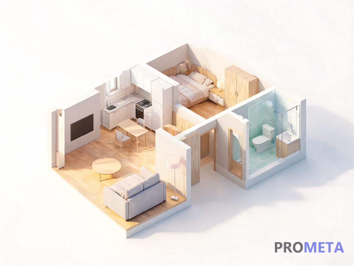 Plano 3D 1 dormitorio amoblado