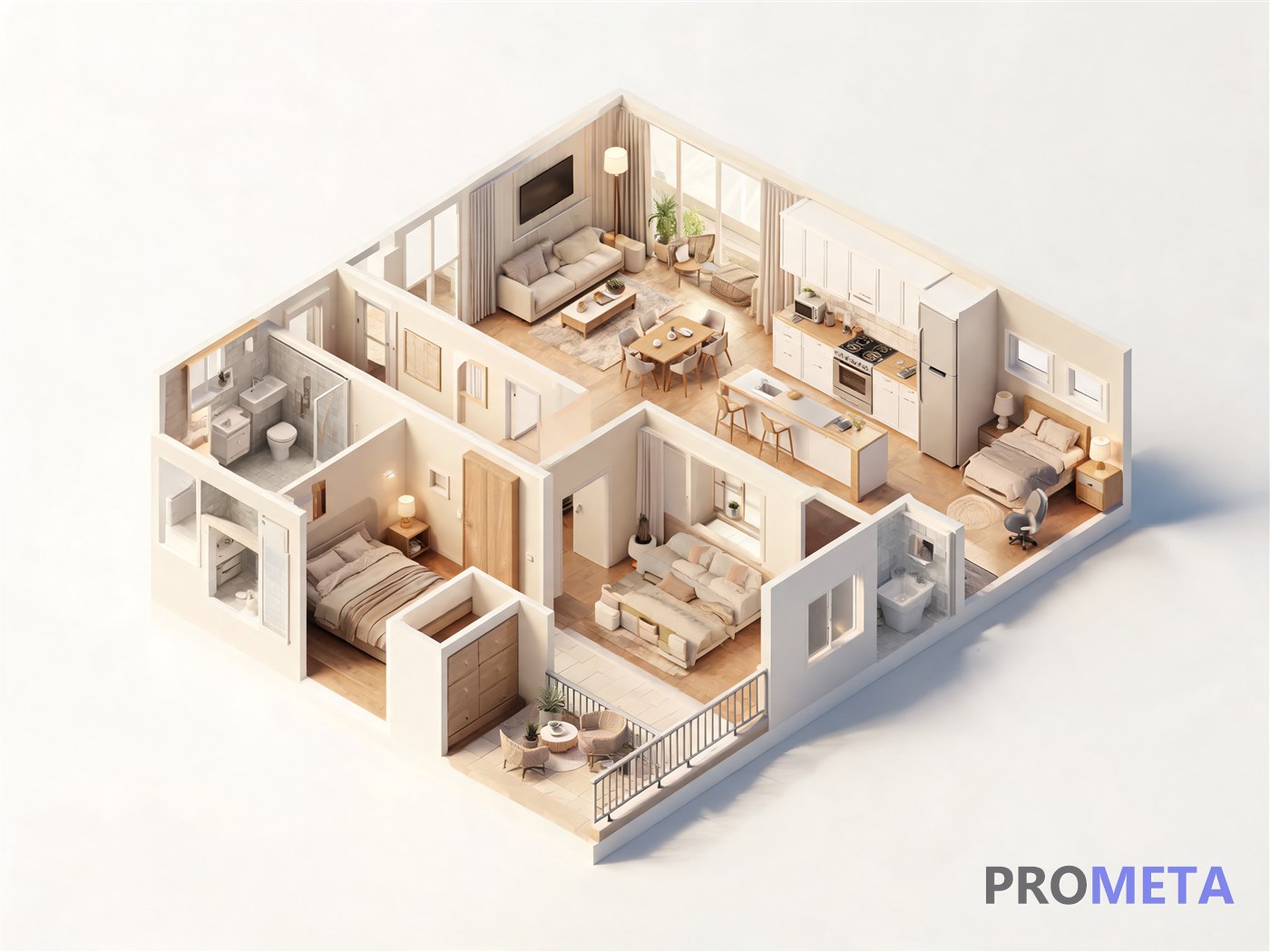 Plano 3D 2 dormitorios amoblado